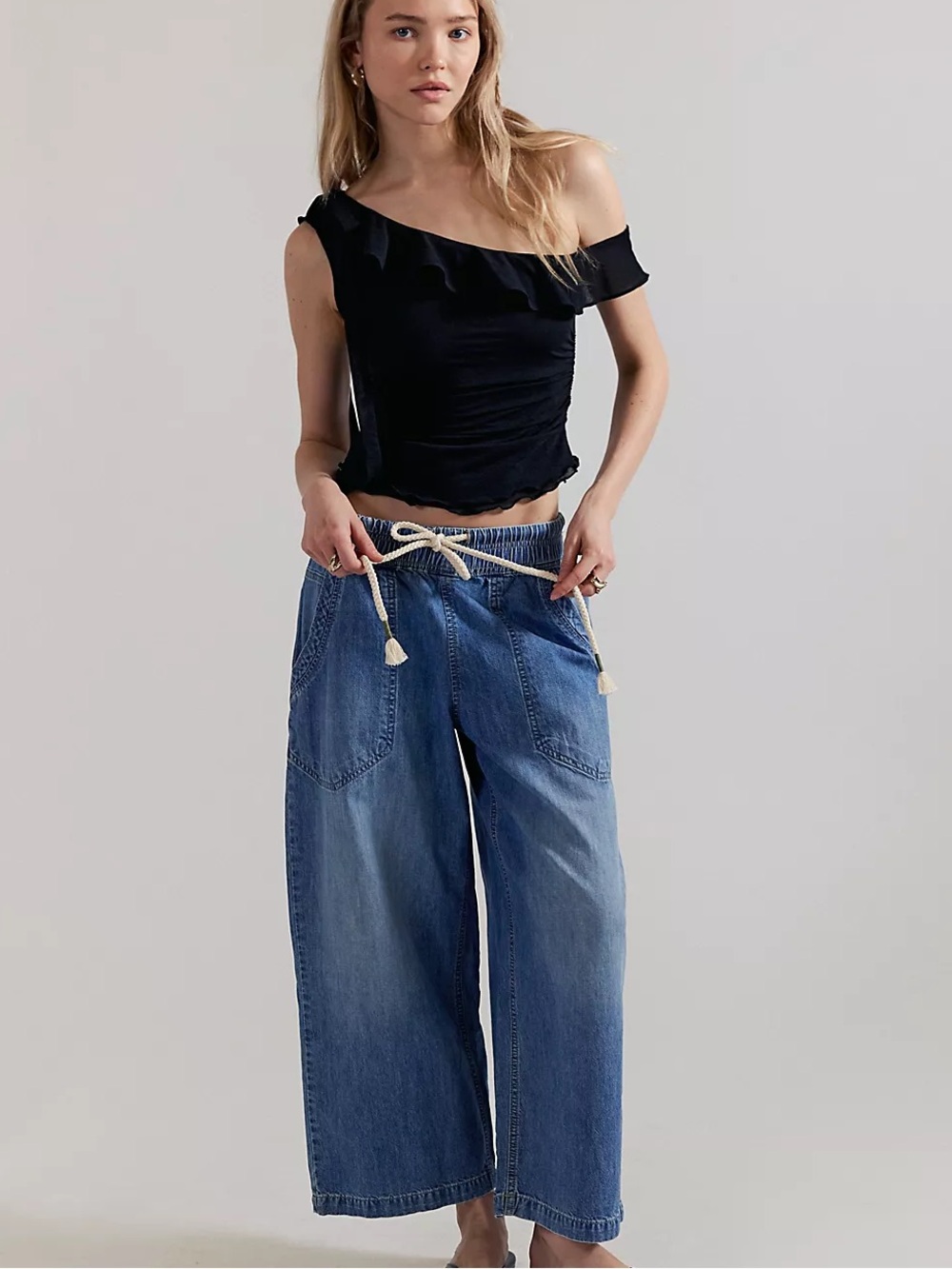 Free People Blue Denim Wide Leg Jeans with Rope Tie